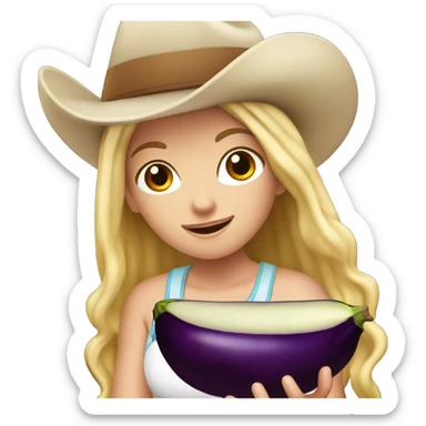 Blonde white girl eating eggplant and wearing a cowboy hat sticker