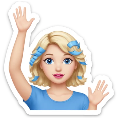 Girl Blonde short wavy hair,  blue eyes, cute blue top, long lashes, pink lips, both hand up in the air  sticker