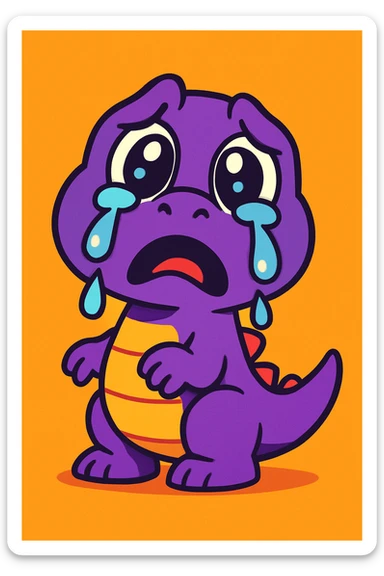 cartoon dinosaur crying, purple color, tears dripping down, vibrant, cute sticker