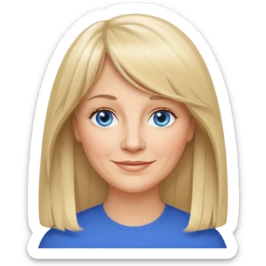 50 yr old white woman, curtain bangs, long straight blond hair, oval face, small smile, blue eyes sticker