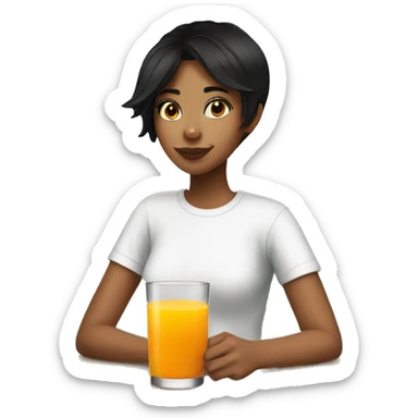 A girl with short black hair wearing a white t-shirt, drinking orange juice and a glass sticker