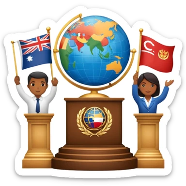 icon featuring podium with a speaker, national flags, and voting ballots, symbolizing political science. The design includes a globe and scales of justice in the background, representing governance, global affairs, and political theory. Transparent background emphasizes civic engagement and policy. sticker