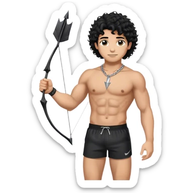 Tan guy with abs and medium-length black curly hair, with a silver chain with an arrow on his neck, standing in black sporty shorts and showing his bicep   sticker