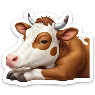 Meme-Worthy Cute Sleeping Brown and White Cow Portrait Emoji, Head resting peacefully with a contented smile, showcasing a robust build and a luxuriously soft patterned hide of brown and white, eyes shut in a serene, restful nap, Simplified yet hilariously adorable features, highly detailed, glowing with a soft, drowsy light, high shine, relaxed and utterly lovable, stylized with an air of playful laziness, bright and heartwarming, soft glowing outline, capturing the essence of a comically sleepy cow, so meme-worthy it feels like it could instantly become the next viral sensation of adorable slumber! sticker