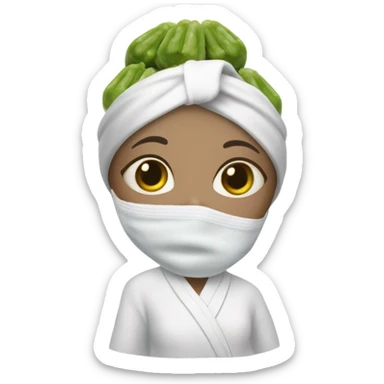 Light skinned girl wearing a white bath robe and white head towel upper half face mask in with pickles on eyes sticker
