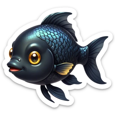 Cinematic Cute Black Goldfish Portrait Emoji, Head tilted playfully and inquisitively, featuring a glossy, deep black body with shimmering scales and round, sparkling golden eyes filled with curiosity, Simplified yet irresistibly adorable features, highly detailed, glowing with a warm, friendly glow, high shine, affectionate and lively, stylized with a touch of whimsy, bright and endearing, soft glowing outline, capturing the essence of a mischievous yet loving goldfish, so playful it feels like it could swim out of the screen and into your heart! sticker