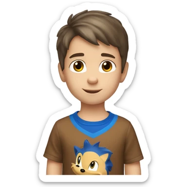 A young 5 year old white boy with short brown hair and brown eyes wearing a blue sonic the hedgehog shirt
 sticker