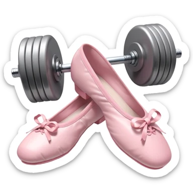 A high-quality 3D icon of pink ballet shoes next to a grey dumbbell. Soft studio lighting, cute and glossy texture. sticker
