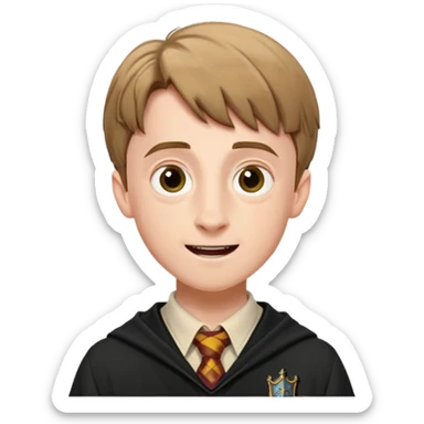 Hugh Mitchell is colin creevey in harry potter, wear hogwarts uniform,  Short light brown hair, small and skinny, with a perpetual look of excitement on his face. sticker