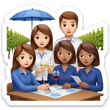 Make a photo of 5 project managers, specifically 3 girls with brown hair and 2 boys, that are making project for improvement of the winery sticker