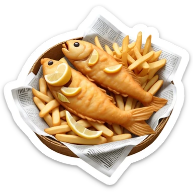 Cinematic Realistic Fish and Chips Dish Emoji, depicted with crispy golden battered fish and chunky hand‚Äêcut chips served in traditional newspaper wrapping, rendered with mouth‚Äêwatering texture and warm natural lighting that captures its quintessential British charm. sticker