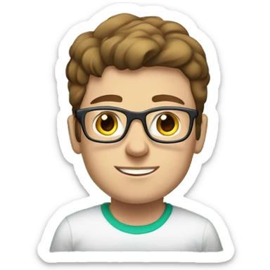 white young man with blue eyes and brown hair and square glasses wearing green t-shirt with laptop sticker