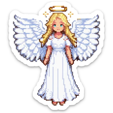 blonde angel girl with glowing white wings, gentle halo above her head, wearing flowing white dress, radiating purity and light, pixel art emoji style sticker