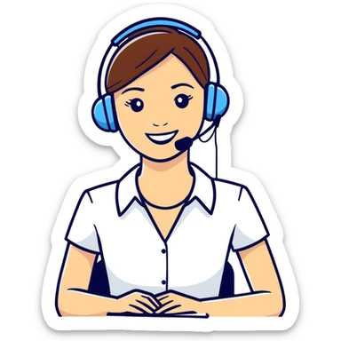 Head and upper body bust of an attractive female business woman receptionist smiling wearing a wireless headset. sticker