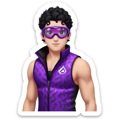 male athlete with white skin and moderately curly black hair on top with shaved sides, wearing ski goggles with purple frames and very dark black lenses, a simple plain black chain necklace, and a completely unzipped sleeveless vest with purple and black sequin fire pattern design, fully revealing his chest, shoulders and arms, no earrings sticker