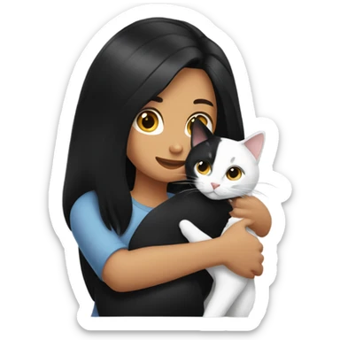 Tanned woman with black hair hugging a black and white cat  sticker
