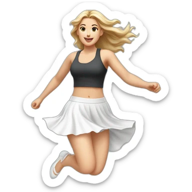 Hyperrealistic Full body Caucasian curvy beauty jumping short white skirt back and front views strong wind sticker