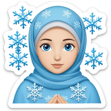 Turkish beautiful finish Konya girl blue eyes with light blue winter design hijab islamic dress and had on her hand snowflakes  sticker