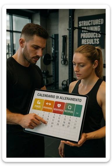 realistic cinematic photo a personal trainer and a client stand in a modern gym, reviewing a large, color-coded training calendario or chart on a tablet. The calendario shows different phases (Forza, Ipertrofia, Resistenza, Recupero) with icons and dates. Around them, gym equipment and motivational posters reinforce the idea of structured, periodized training. in italiano sticker