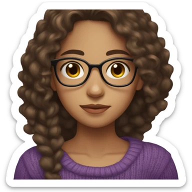 young girl, young hispanic, long brown hair, long curly brown hair, brown eyes, purple winter sweater, glasses sticker