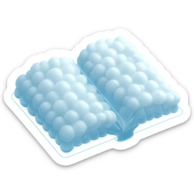 top view of a thick open book made entirely of small, very bright white fluffy convex clouds, matte glass style, emphasis on volume and airiness, no background sticker