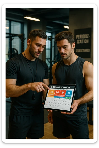 realistic cinematic photo a personal trainer and a client stand in a modern gym, reviewing a large, color-coded training calendar or chart on a tablet. The calendar shows different phases (Forza, Ipertrofia, Resistenza, Recupero) with icons and dates. Around them, gym equipment and motivational posters reinforce the idea of structured, periodized training. in italiano sticker