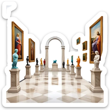 An icon featuring an elegant art gallery with classic paintings hanging on the walls, and sculptures displayed on pedestals. Visitors admire the exhibits, capturing the essence of culture, history, and art. Set against a transparent background. sticker