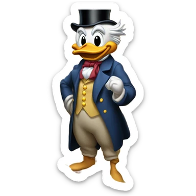 a slim successful looking scrooge mcduck standing atop a pile of money sticker