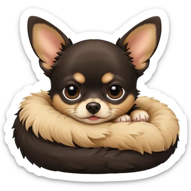 A high-resolution photo-realistic digital illustration of a cute black and tan chihuahua with big eyes shut sleeping lazily. sticker