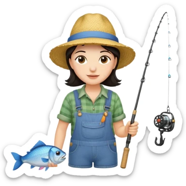 GRANJERO PIEL CLARA Y PELO OSCURO  CON CAÑA DE PESCAR Y UN PESCADO EN LA CAÑA sticker