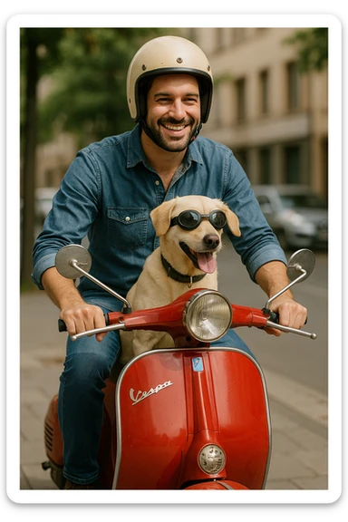 man and his pet dog riding a vespa sticker