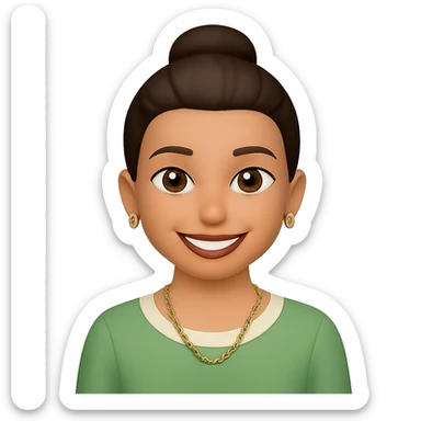 Change the hairstyle of the young woman to a bun. Keep her smiling with dark brown hair, brown eyes, nose piercing, wearing a green and cream blouse and a gold necklace. Convey happiness and relaxation. Remove any background, make it transparent. sticker