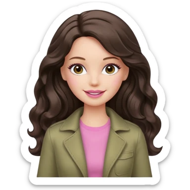 A white Barbie girl with long dark brown wavy hair in pale olive clothes pink and smail sticker