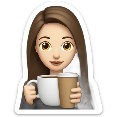woman with long straight brown hair and pale skin holding a large coffee mug on a laptop screen sticker