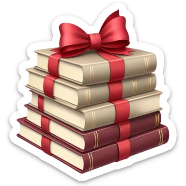 stack of neutral toned books tied with crimson bow sticker