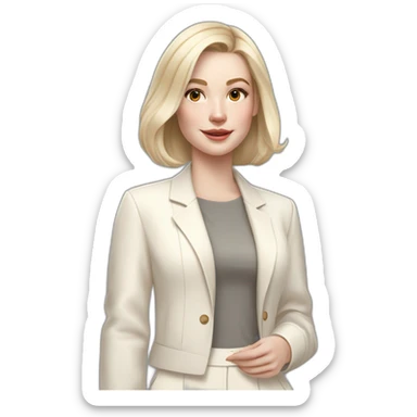 pale skin woman with ash blonde Straightened bob Hair, White Spacious classical jacket, beige palazzo Arrow pants and gray blouse holding white IPhone 14 pro in the hands sticker