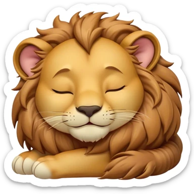 Meme-Worthy Cute Sleeping Lion Portrait Emoji, Head resting peacefully with a contented smile, showcasing a robust build and a luxuriously soft tawny Fur with a flowing mane, eyes shut in a serene, restful nap, Simplified yet hilariously adorable features, highly detailed, glowing with a soft, drowsy light, high shine, relaxed and utterly lovable, stylized with an air of playful laziness, bright and heartwarming, soft glowing outline, capturing the essence of a comically sleepy lion, so meme-worthy it feels like it could instantly become the next viral sensation of adorable slumber! sticker