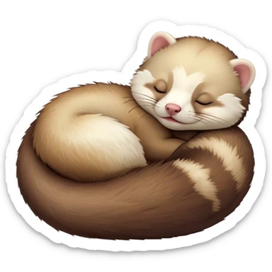 Meme-Worthy Cute Sleeping Ferret Portrait Emoji, Head resting peacefully with a contented smile, showcasing a long, flexible body curled up in cozy repose, luxuriously soft fur in warm brown and cream, and eyes gently closed in serene slumber, Simplified yet hilariously adorable features, highly detailed, glowing with a soft, drowsy natural light, high shine, relaxed and utterly lovable, stylized with an air of playful laziness, bright and heartwarming, soft glowing outline, capturing the essence of a sleeping ferret that feels destined to become the next viral sensation of adorable rest! sticker