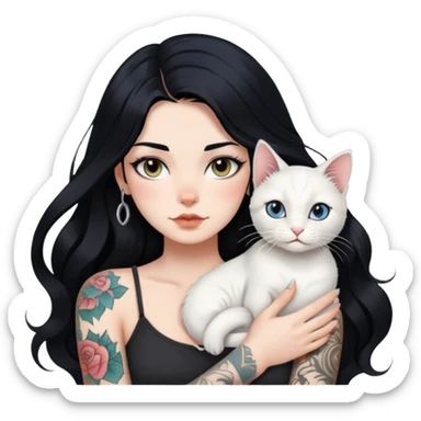 girl with long wave black hair and tattoos and a white cat sticker
