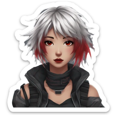 Gorgeous techwear anime style lady with blushing face aesthetic and pretty edgy black red punk messy hair with collar and harness trending style sticker