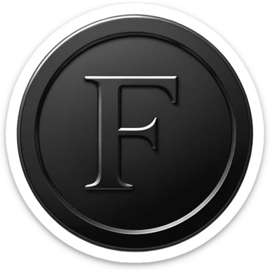 Emoji icon of a black coin with engraved letter F, minimalist style, isolated, only black color sticker