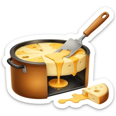a half wheel of raclette cheese being scraped with a metal spatula, melted cheese flowing, warm golden colors, modern emoji style, clean outlines, transparent background sticker