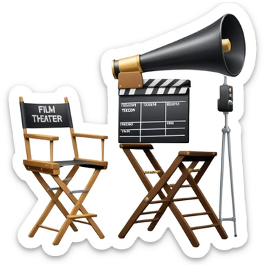 Icon for Directing: a director's chair, a film slate, a megaphone, and a stage set with lights. The icon should represent the creative and leadership aspects of directing, with focus on film and theater production. Transparent background. sticker