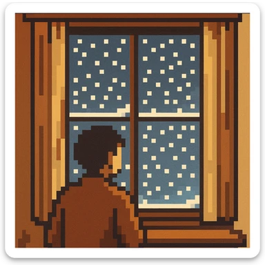 pixel art style scene of a person watching snow fall outside sticker
