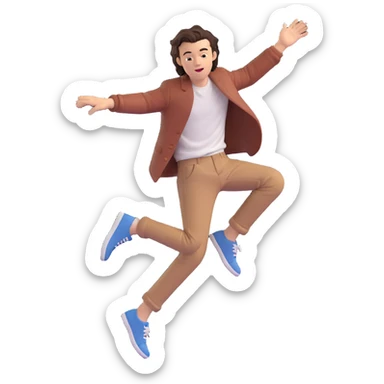 Harry Styles jumping, casual chic clothes, playful mood, music concert atmosphere sticker