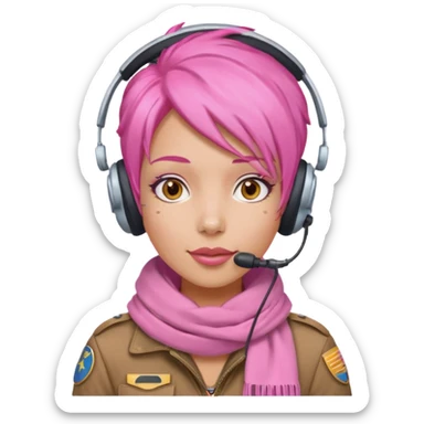 Jet Queen Mia – bubble-gum-hair pilot wearing a headset and pink scarf sticker