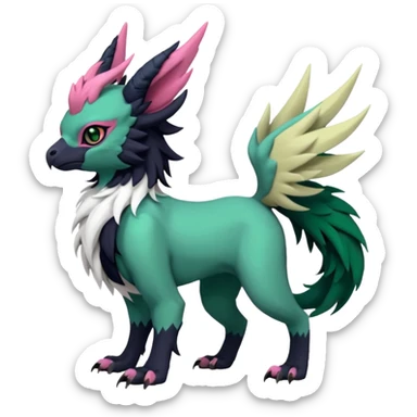Dark-deep-Emerald-green gryphon-Trico-Nargacuga-Absol-Leafeon-Sprigatito-fusion-hybrid with a long tufted tail, black beak, pink accents, black claws, black tail, majestic, realistic, furry (full body) sticker