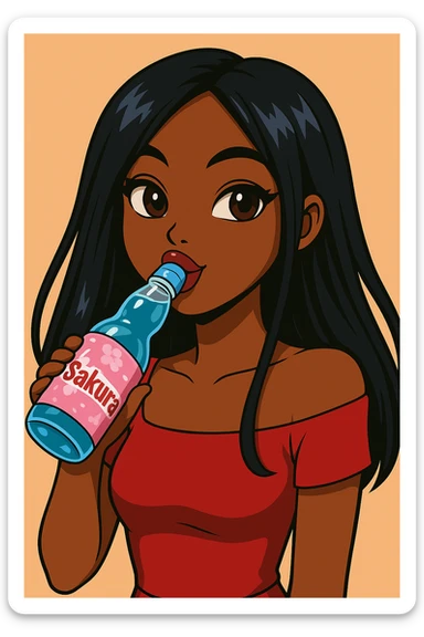 Headshot of a 20-year-old anime Bratz style woman with dark skin, straight hair, trendy outfit, glossy lips, no hat, no tears, happy expression, both eyes open, looking straight ahead, drinking blue Ramune soda labeled 'Sakura'. Change her eyes to brown and her shirt to red. sticker