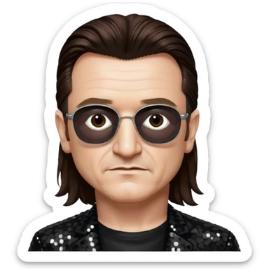Bono from U2 with long dark brown hair, black sequin outfit  sticker