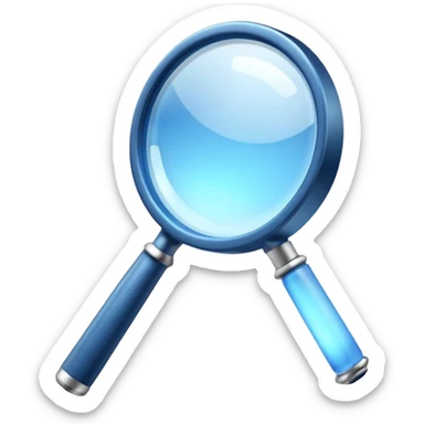 A 3D rendered magnifying glass, tilted right, frosted glass lens, glowing blue light, subtle shadows, purple background, high detail, cinematic lighting, app icon style sticker